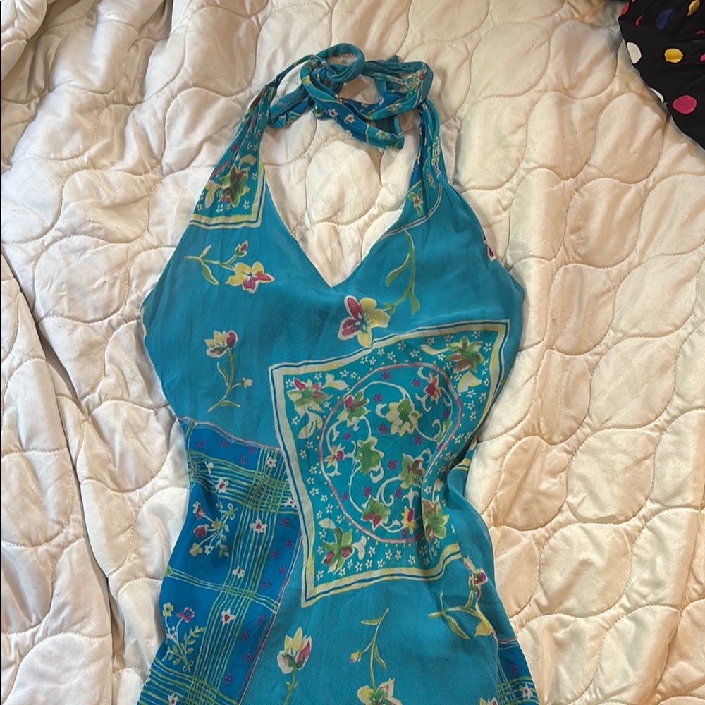 vintage Floral Halter Dress in Blue and Green